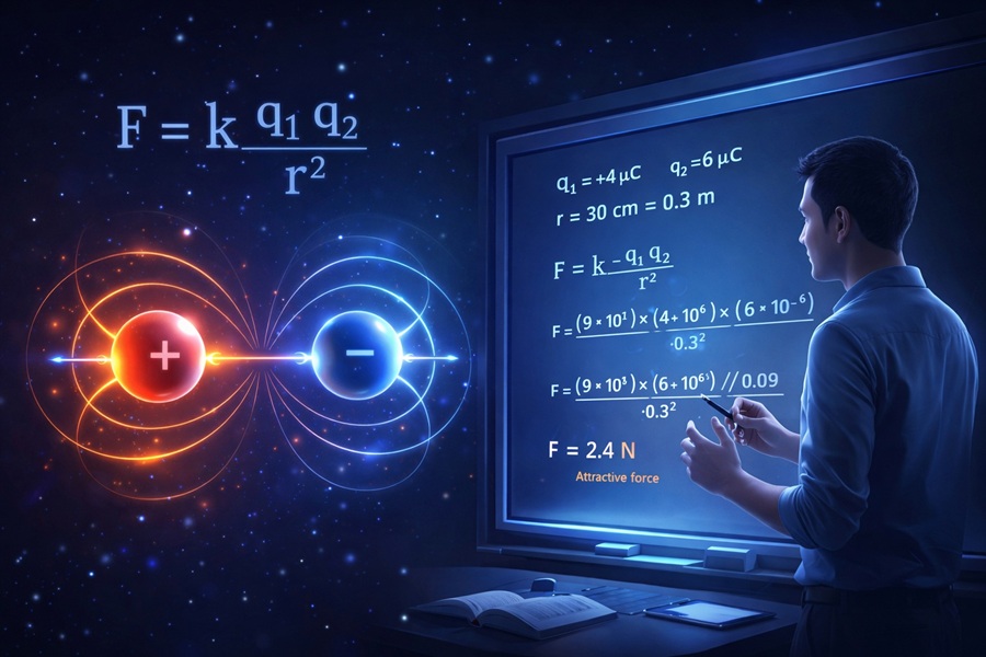 Coulomb's law diagram showing two charges with attractive force and formula